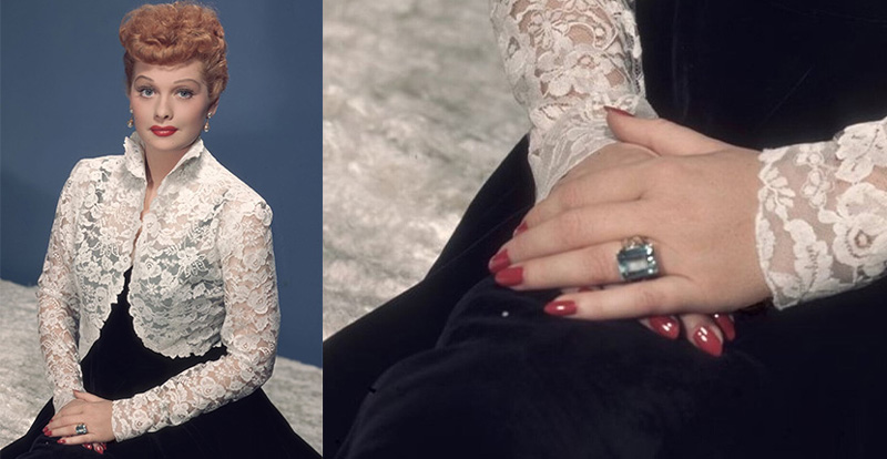 Lucille Ball wearing her aquamarine engagement ring